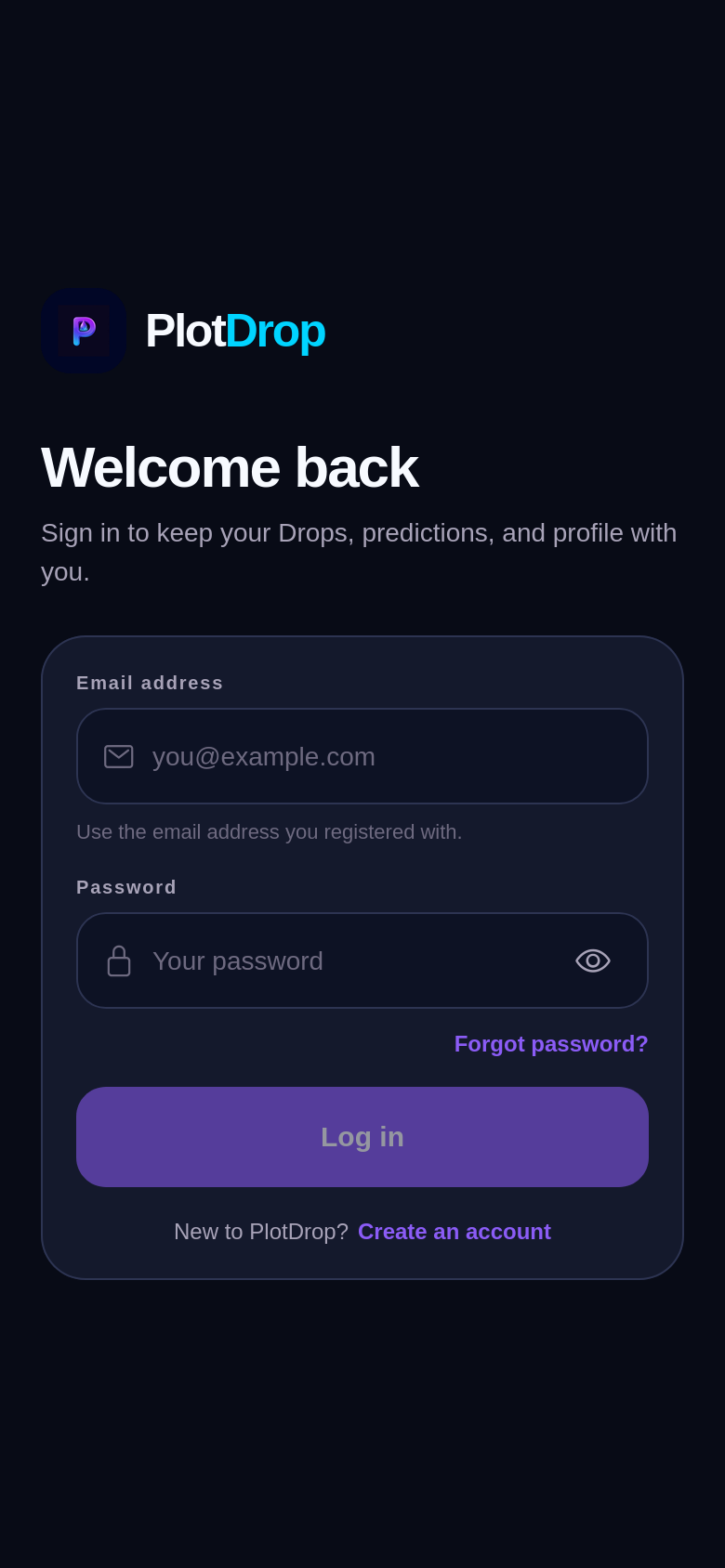 PlotDrop sign-in screen (real capture from the app)