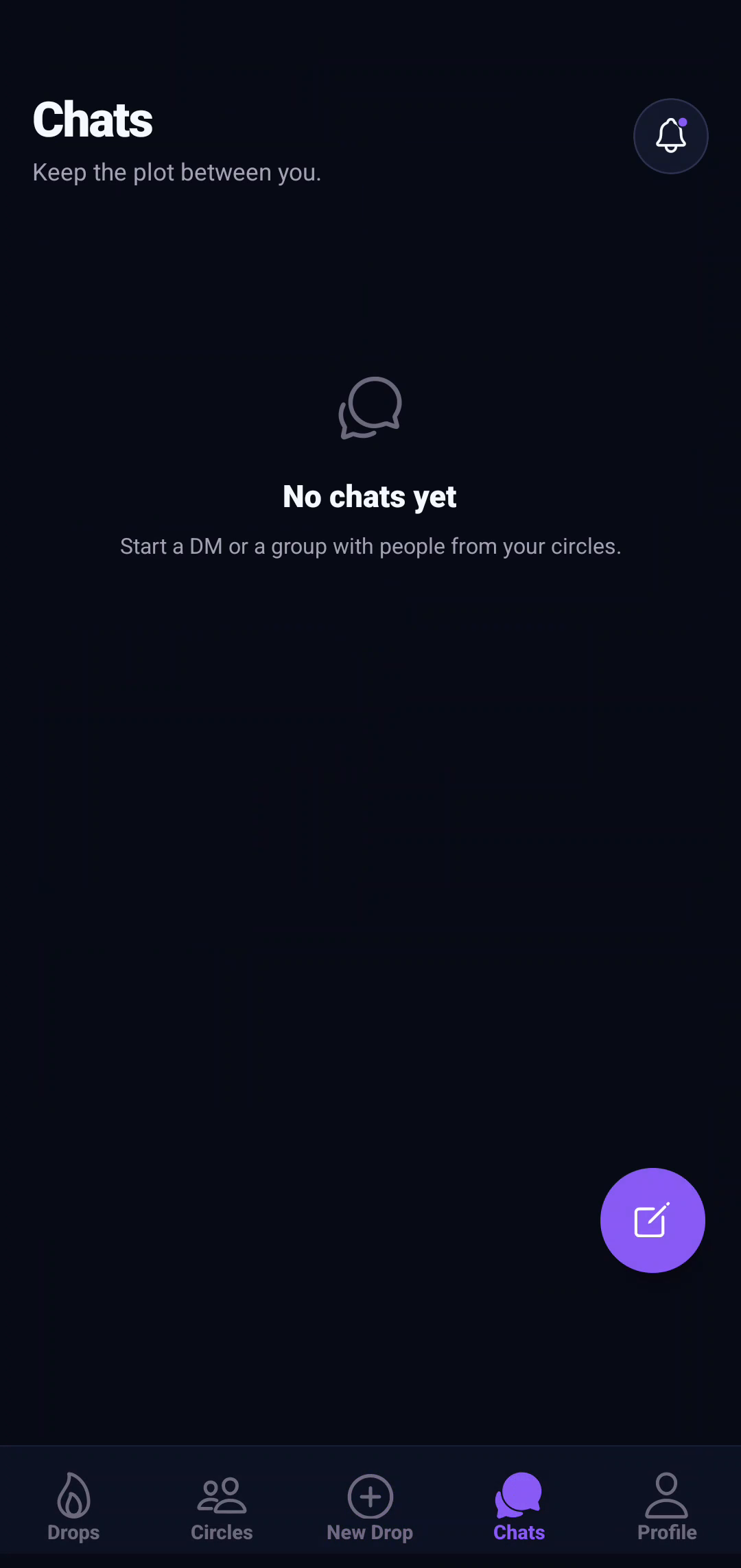 Chats screen - start a DM or a group with people from your circles (real capture from the app)