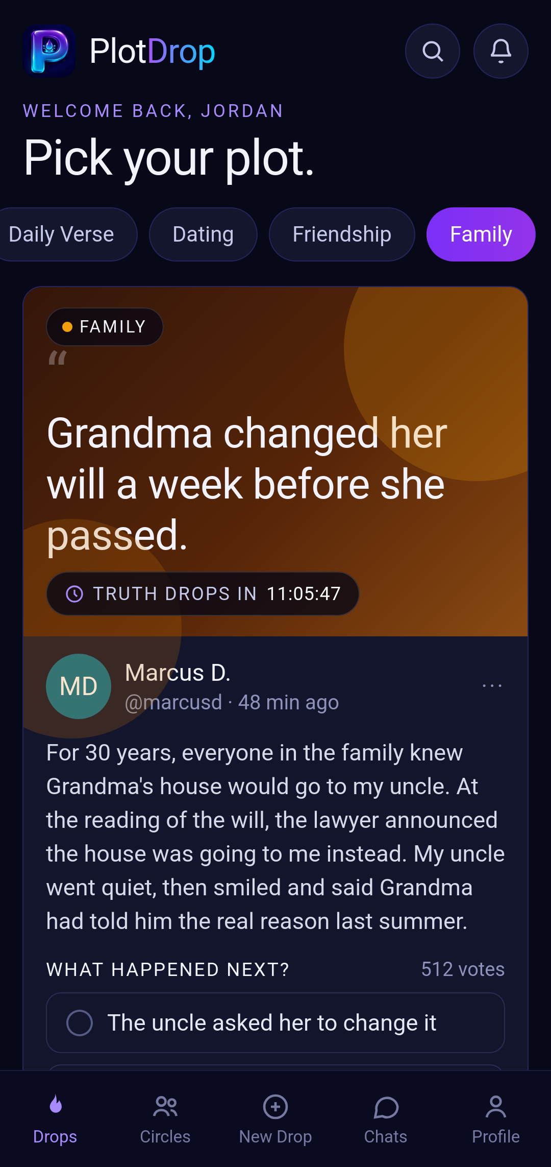 Family category feed with a sample drop (interface as in the app)